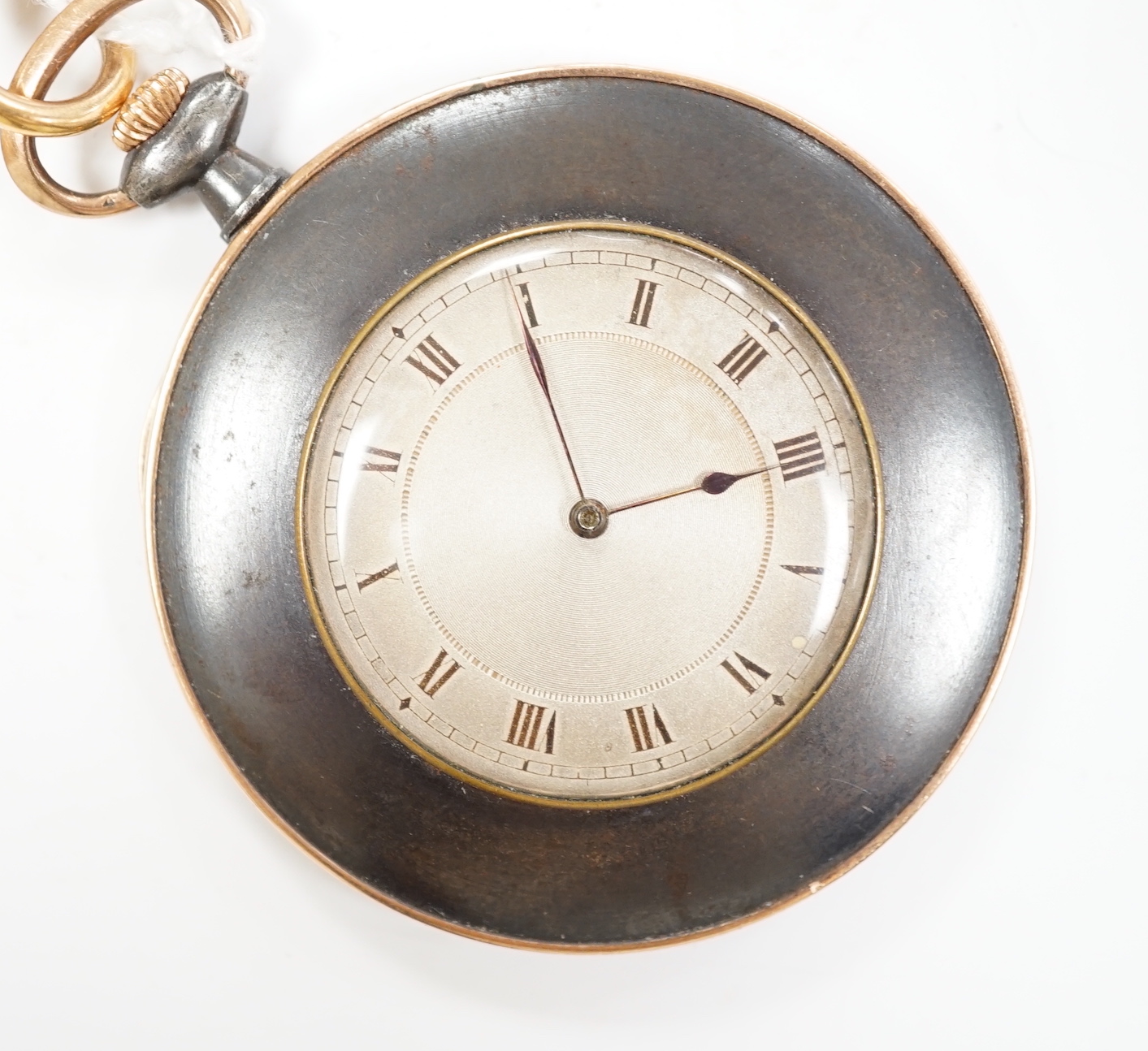 A gun metal and yellow metal dress pocket watch, on a white metal and seed pearl set chain, with lapis lazuli set fob.